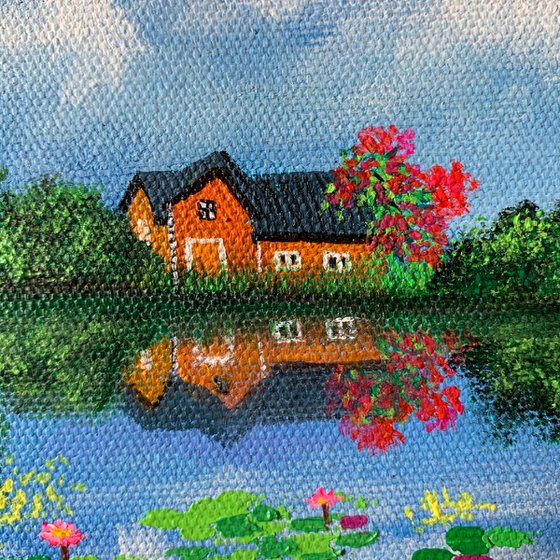 House by water lilies pond - 2 ! Small Painting!!  Ready to hang