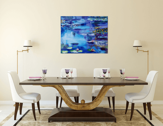 Water Lilies  92 x 76 x 2 cm inspired by Claude Monet  water reflections, purple, turquoise, blue sky