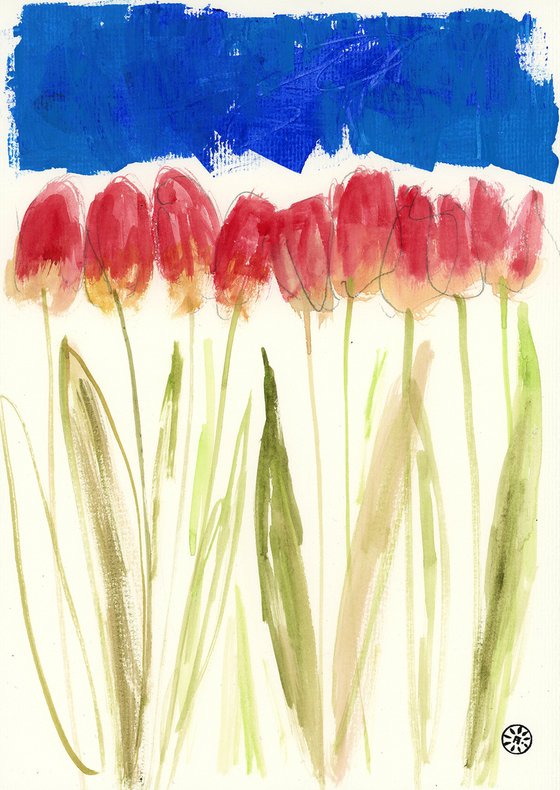 Red Tulips Under Blue Sky