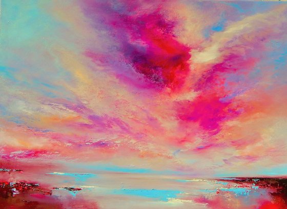 "Skies Ode" pink, gold, blue abstract painting, 73cm x 54cm