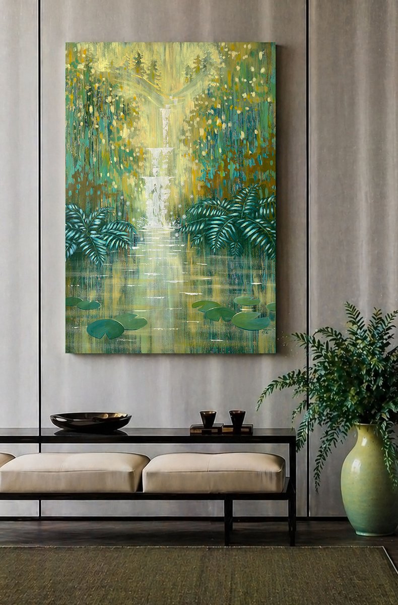 Illustrative Acrylic Painting , Sparkling Waterfall By An Emerald Forest Pond By Ekaterina Prisich, 35 X 55, Artwork For Sale On Artfinder