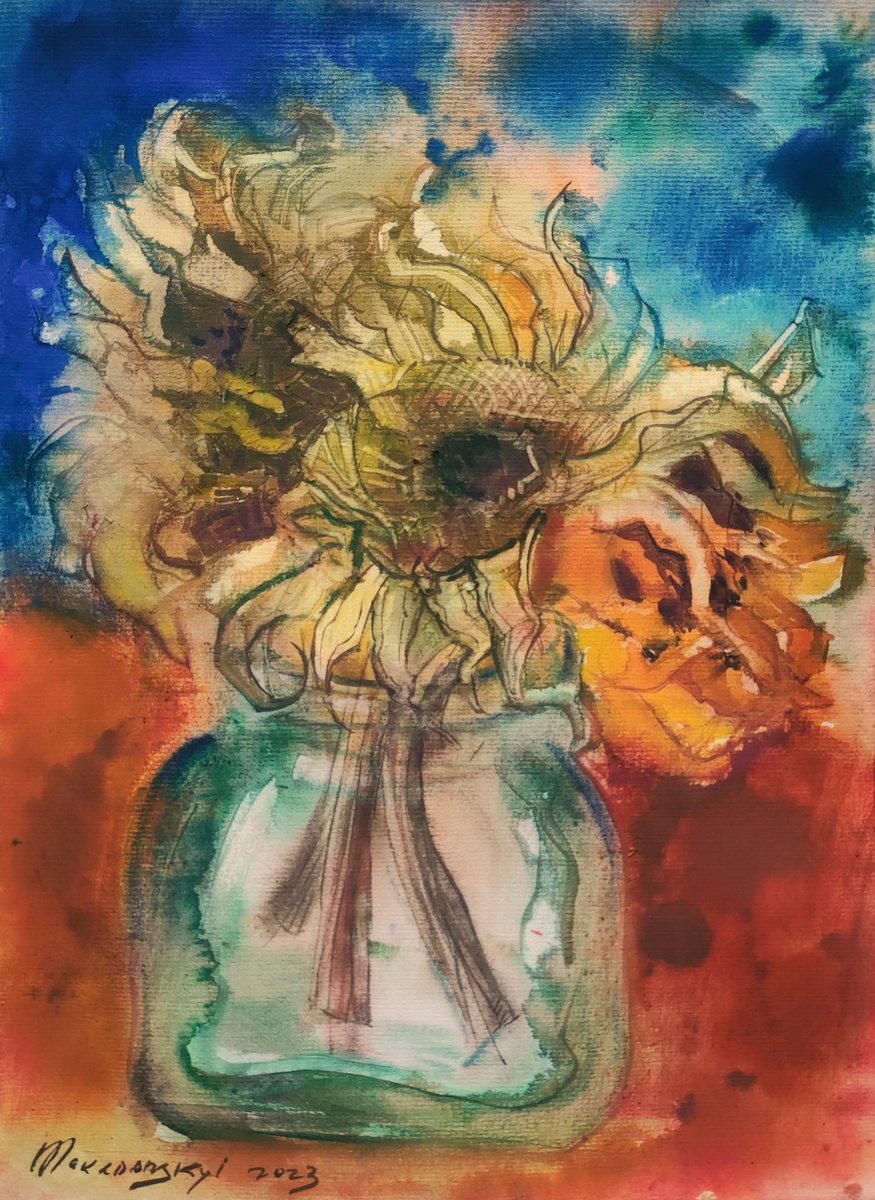 Impressionistic Botanical Watercolour By Pavlo Makedonskyi, 12 X 16", Sunflowers In A Jar, Original Artwork
