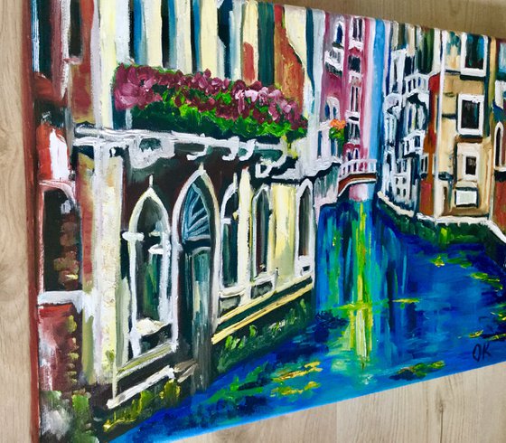 VENICE CANAL BRIDGE. PALETTE KNIFE OIL PAINTING. OFFICE URBAN WALL ART