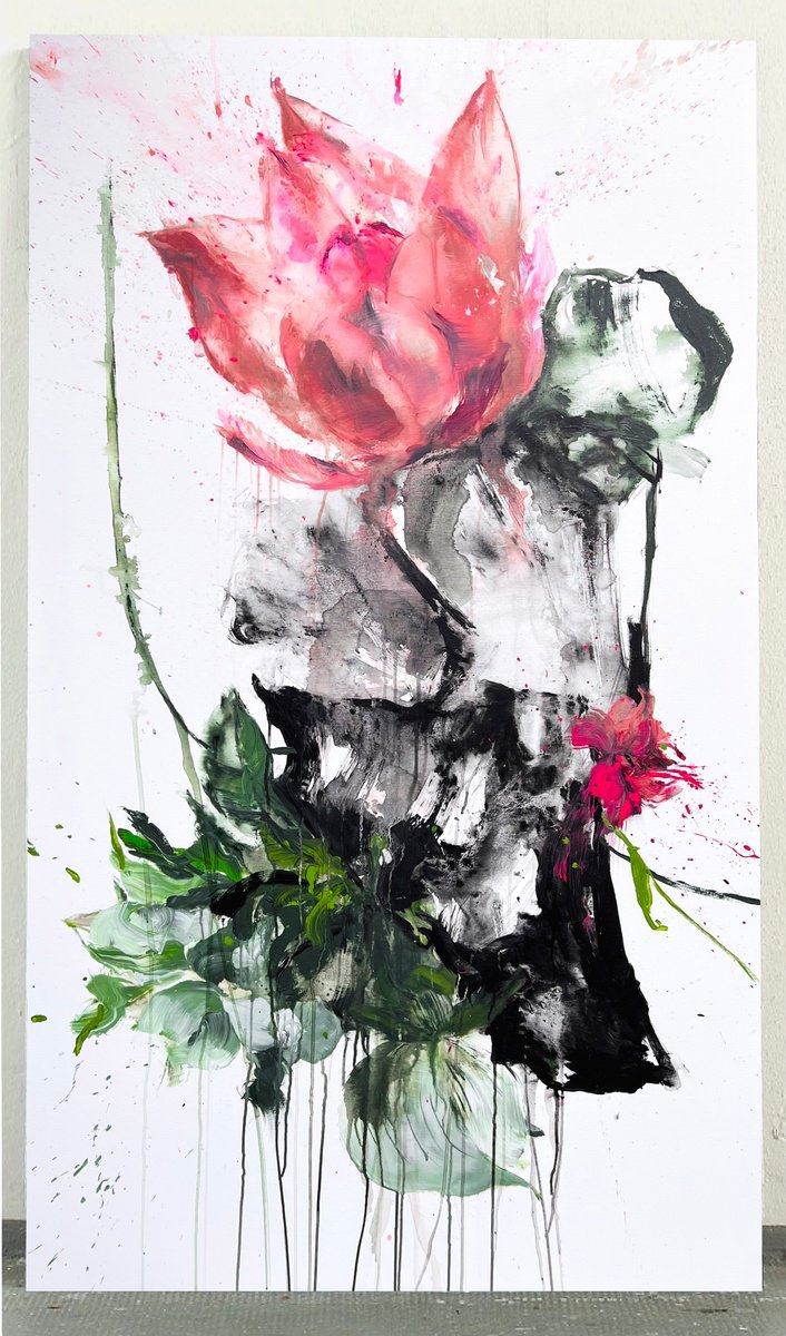 Abstract Botanical Acrylic Painting By Rosi Roys, 39 X 67", Pink Flower 30, Original Artwork
