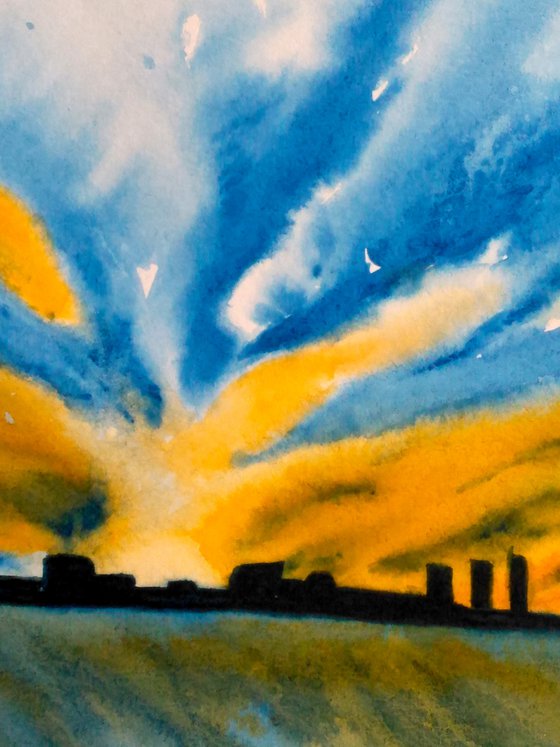 Skyscape Painting Ukraine Original Art City Watercolor Landscape Artwork Home Wall Art 17 by 12 by Halyna Kirichenko