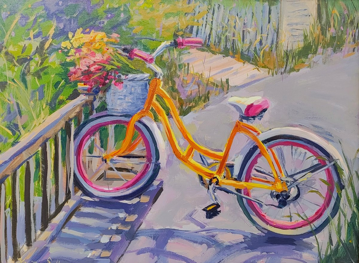 Impressionistic Transport Acrylic Painting By Kristina Sellers, 16 X 12", Beach Bike, Original Artwork