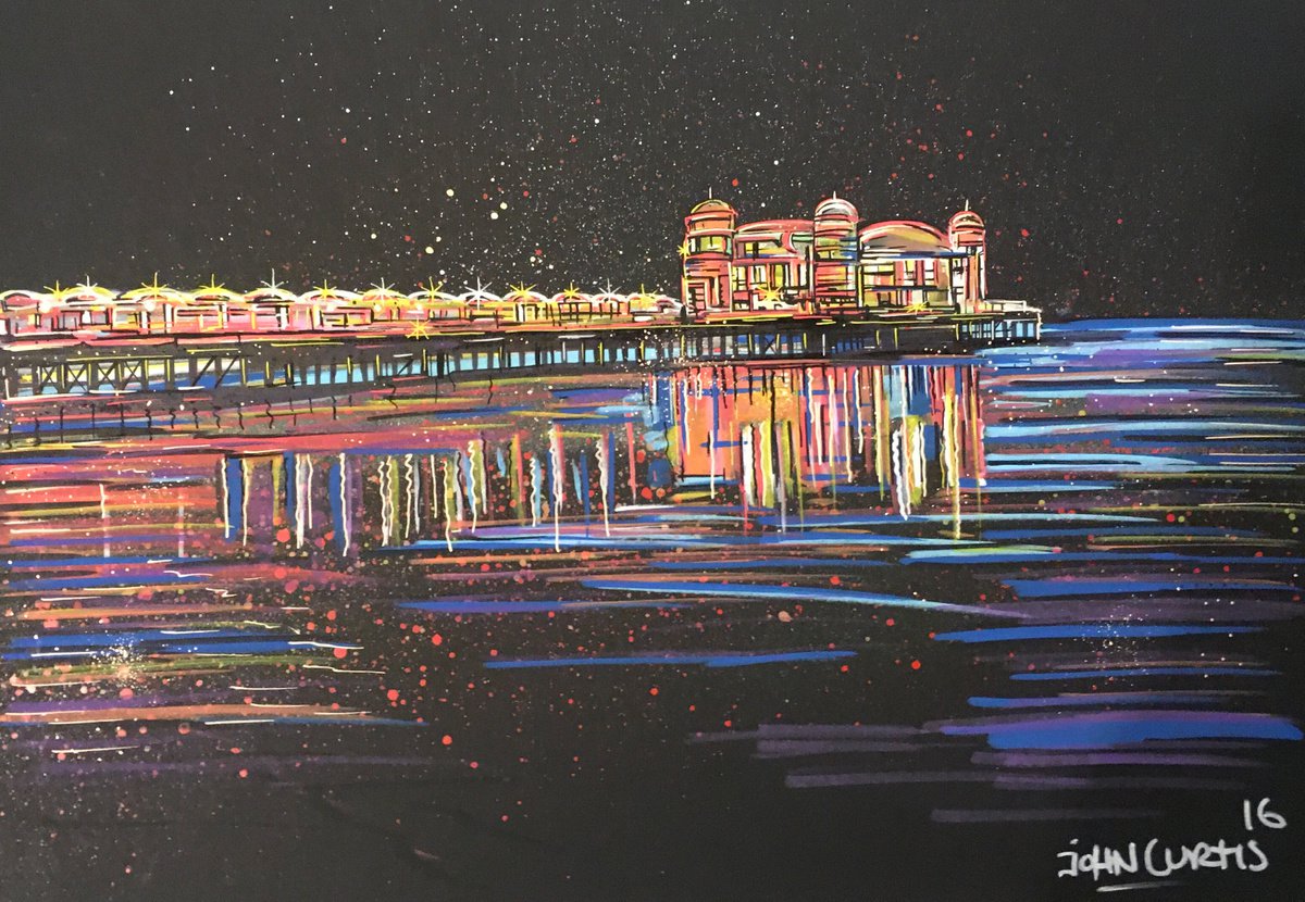 Urban And Pop Painting , Weston Pier At Night By John Curtis, 16 X 11, Artwork For Sale On Artfinder