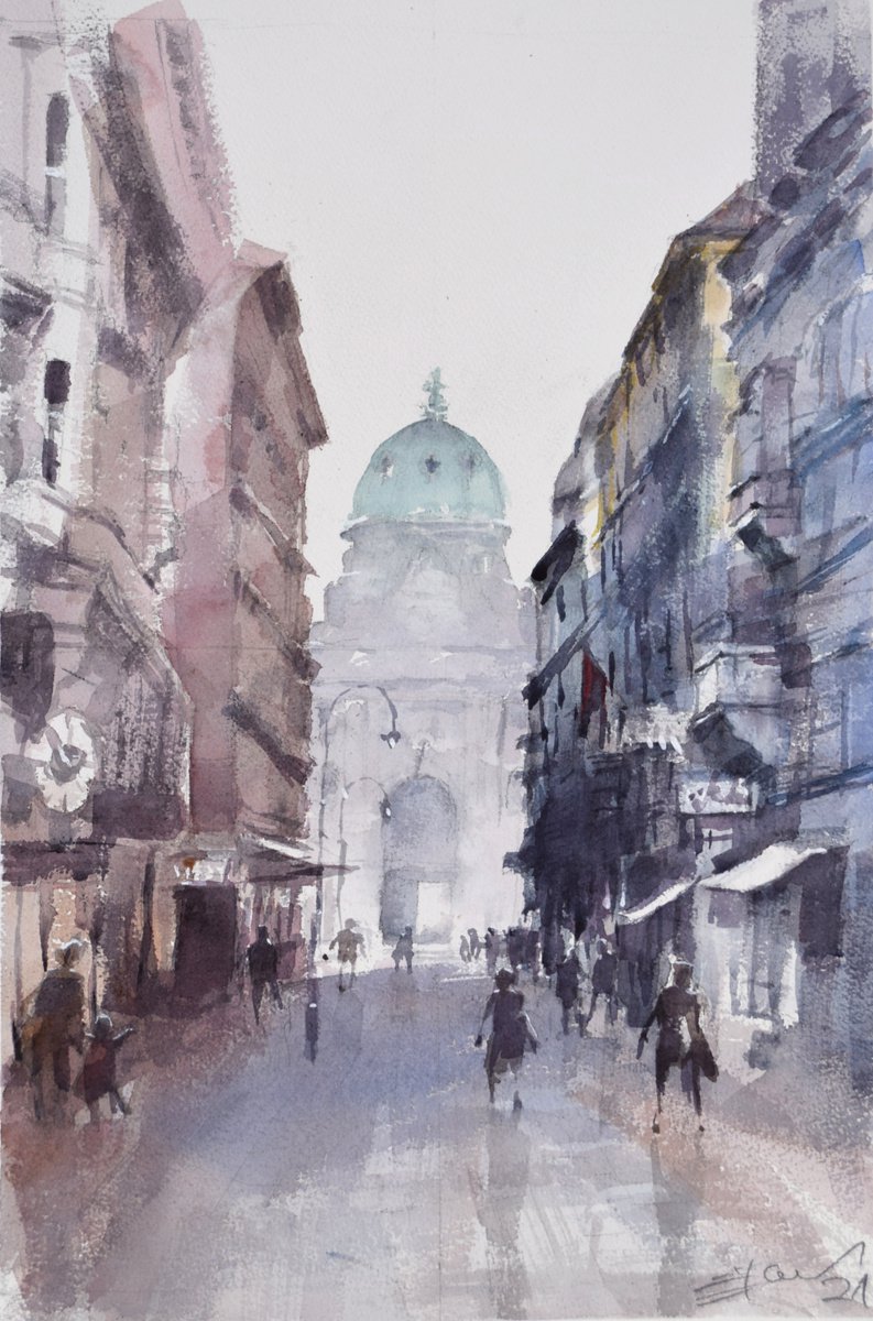 Impressionistic Cityscapes Watercolour By Goran Zigolic Watercolors, 15 X 22, Ringstrasse In Vienna (Wien), Original Artwork