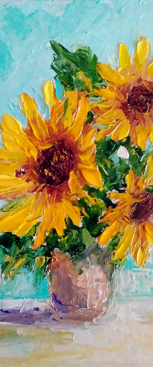 Sunflowers, Floral Painting Original Art Small Oil Artwork Bouquet of Flowers Wall Art by Yulia Berseneva