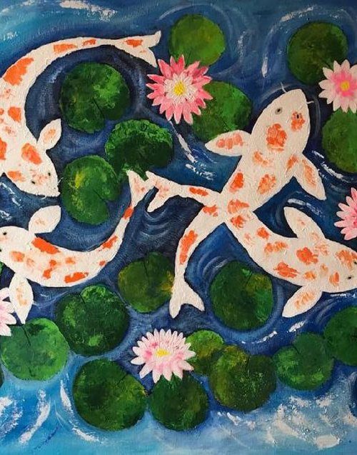 Koi Fish and Water Lilies !! Large Painting ! Feng Shui ! Textured color !! Knife Art !! by Amita Dand