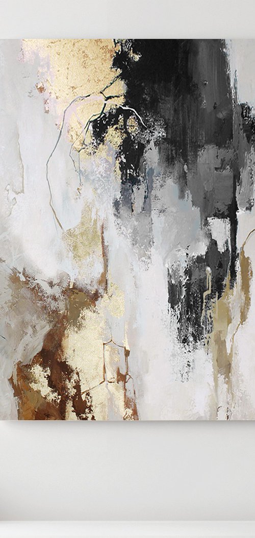 "Gray Flux 3" Gray gold white abstract art by Yana Sagan