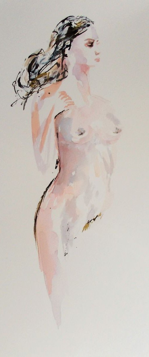 Ethereal-Nude woman Watercolor Painting on Paper by Antigoni Tziora