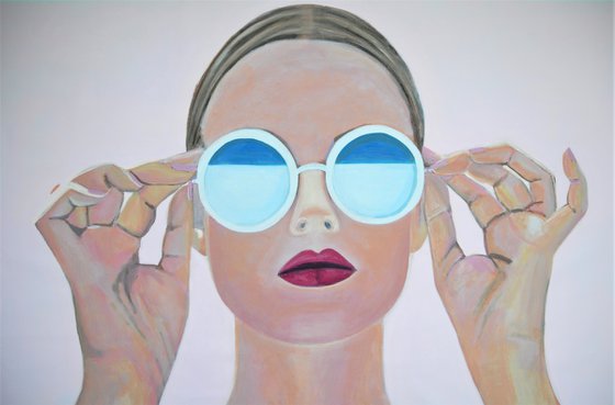 Extra large  painting, Girl with sunglasses / 140 x 90 x 5 cm