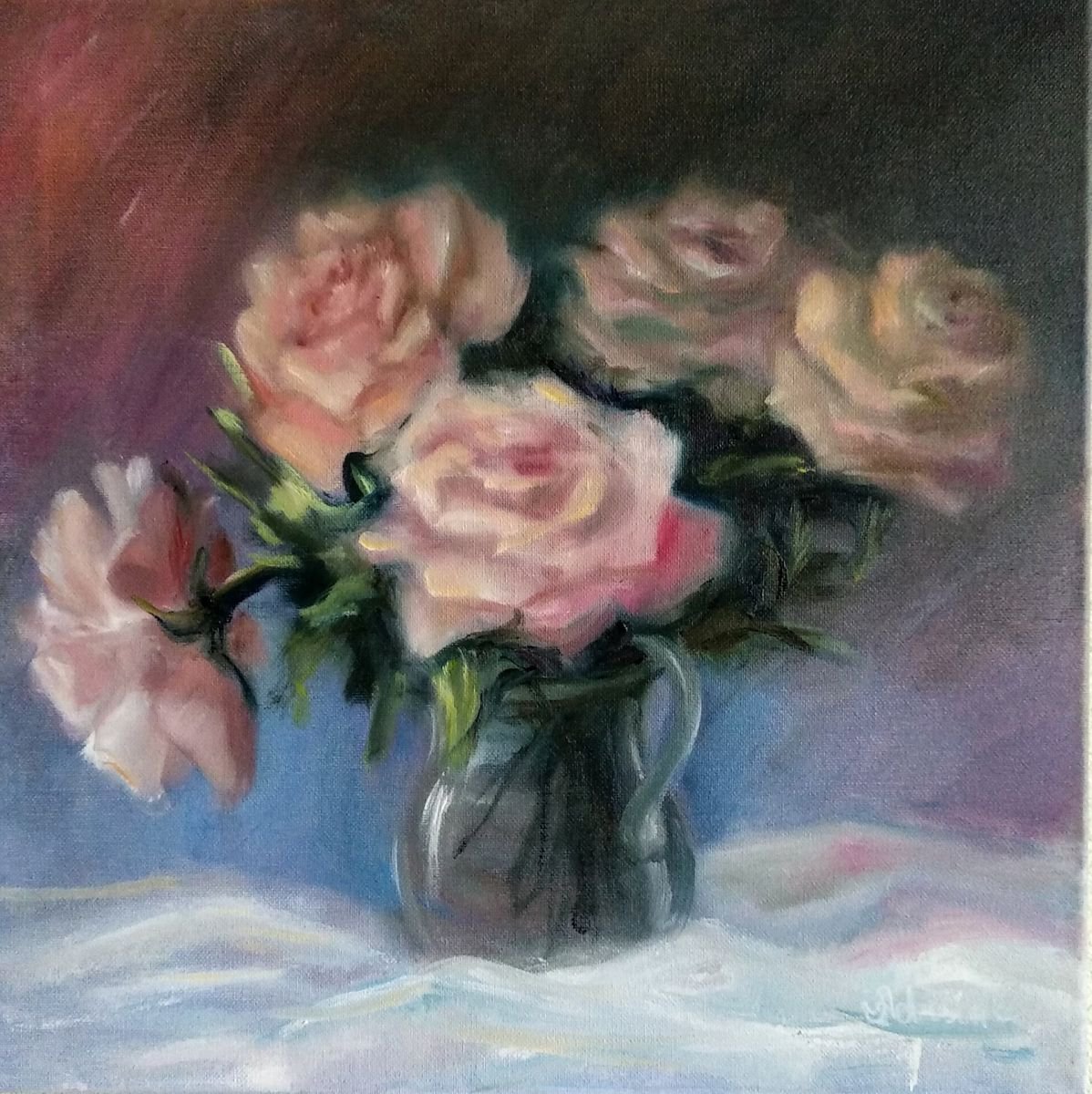 Bouquet of Pink Roses Floral Still Life on Canvas by Anastasia Art Line