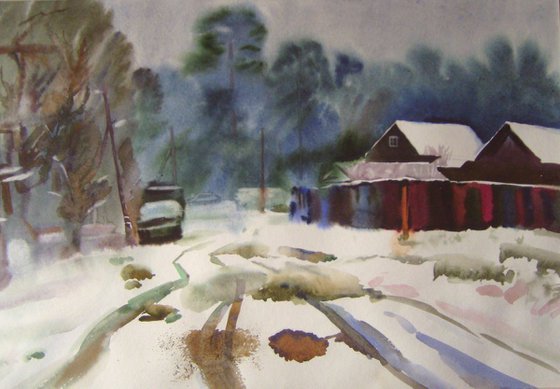 WINTER, large watercolor painting 98x68 cm