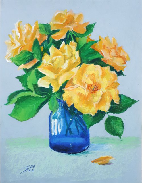 Yellow roses in a blue vase... /  ORIGINAL PAINTING by Salana Art Gallery