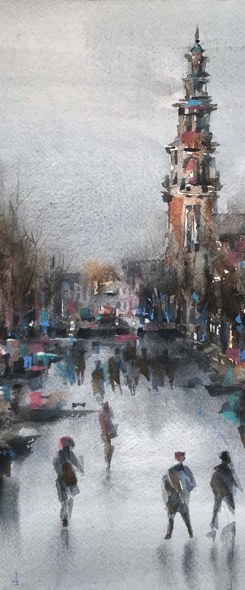 Winter channel. Amsterdam. one of the kind, original painting, watercolour. by Galina Poloz