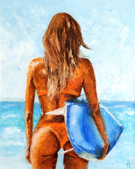 Fresh wind, Surfer Girl Painting Original Art Surf Artwork Coastal Wall Art 40x50 cm ready to hang