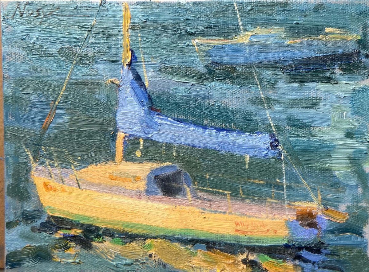 Impressionistic Landscape Oil Painting By Nataliia Nosyk, 8 X 6", The Yacht In Evening Light, Original Artwork