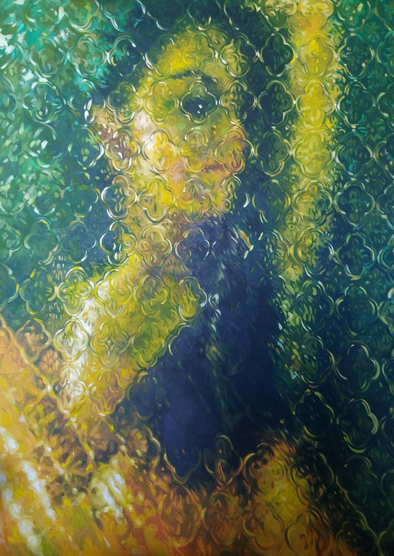 Blurred border,large acrylic art , big acrylic painting, girl behind glass art, green yellow painting, girl in painting, big abstraction