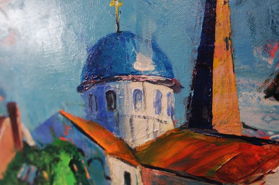 'GREEK CHURCH IN GERMANY' - Cityscape Acrylics Painting on Canvas