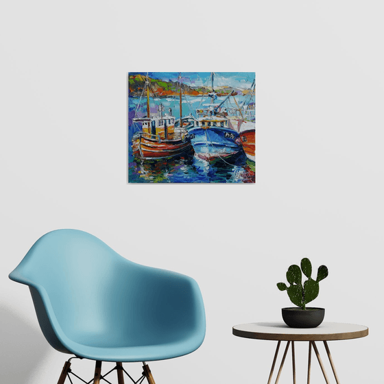 Painting Fishing boats, Nautical Painting, boat yacht bay