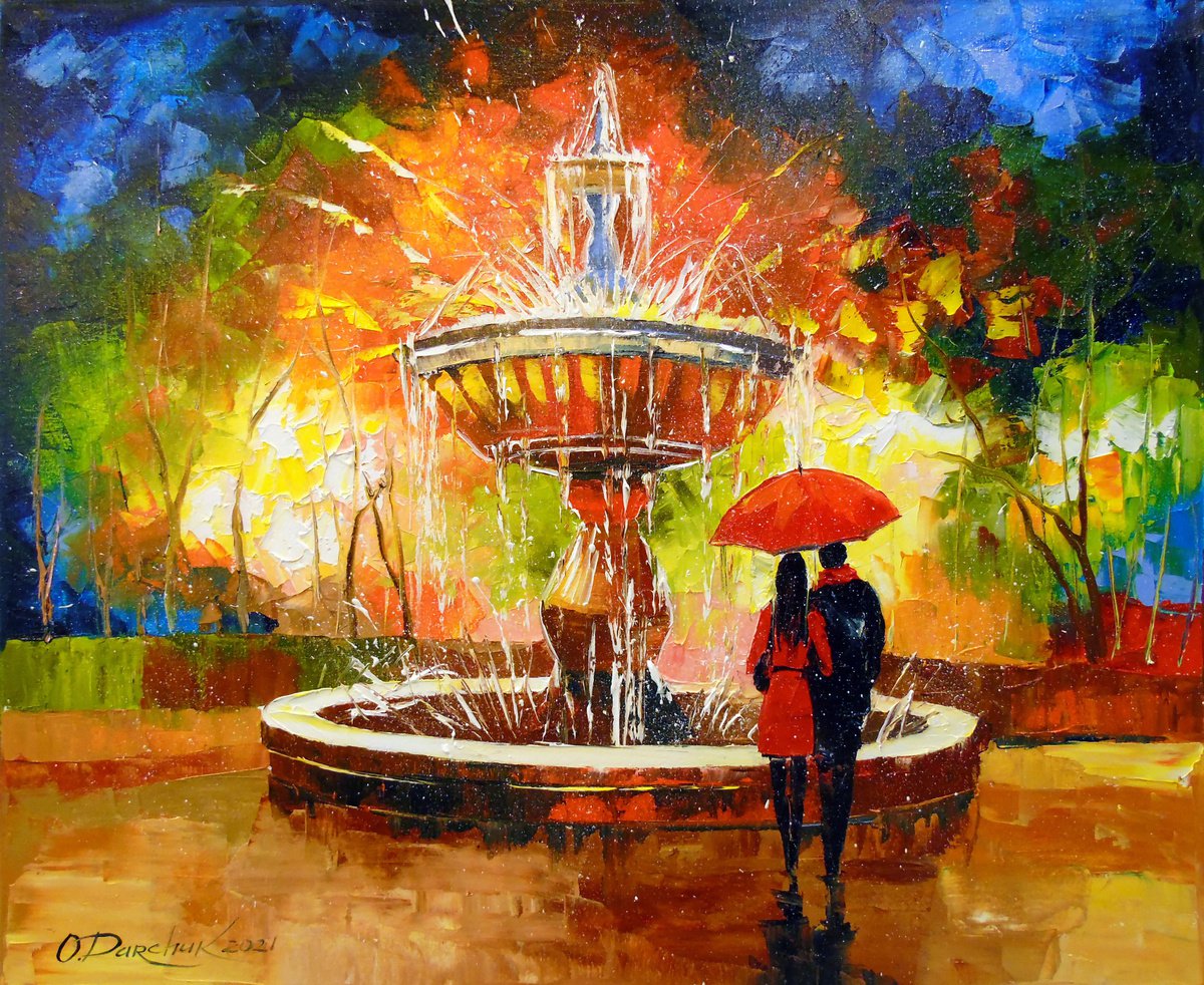 Impressionistic Cityscapes Oil Painting By Olha Darchuk, 24 X 20", Romantic Meeting, Original Artwork