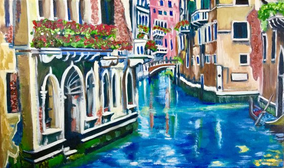 Venice . Canal . Water reflections. View of bridge. On sale.