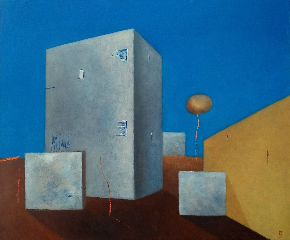 Abstract Cityscapes Oil Painting By Kestutis Jauniskis, 24 X 20", Strange Shapes 1, Original Artwork