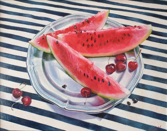 "Help yourself. "  still life summer watermelon liGHt original painting  GIFT (2021)