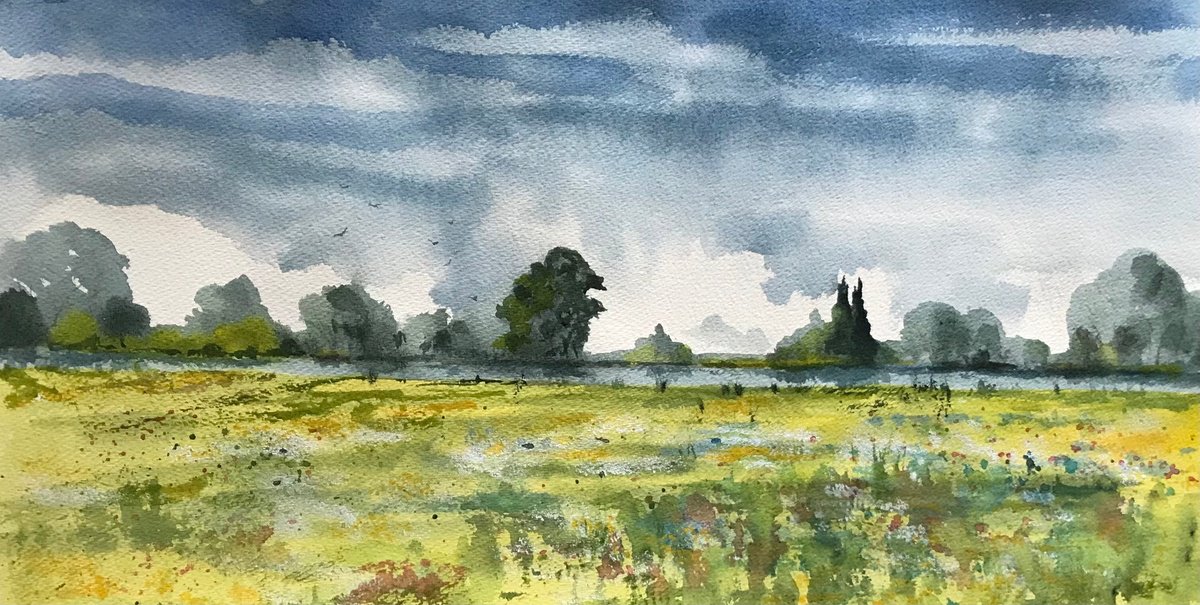Impressionistic Landscape Watercolour By Brian Tucker, 21 X 10, Meadow By The River, Original Artwork