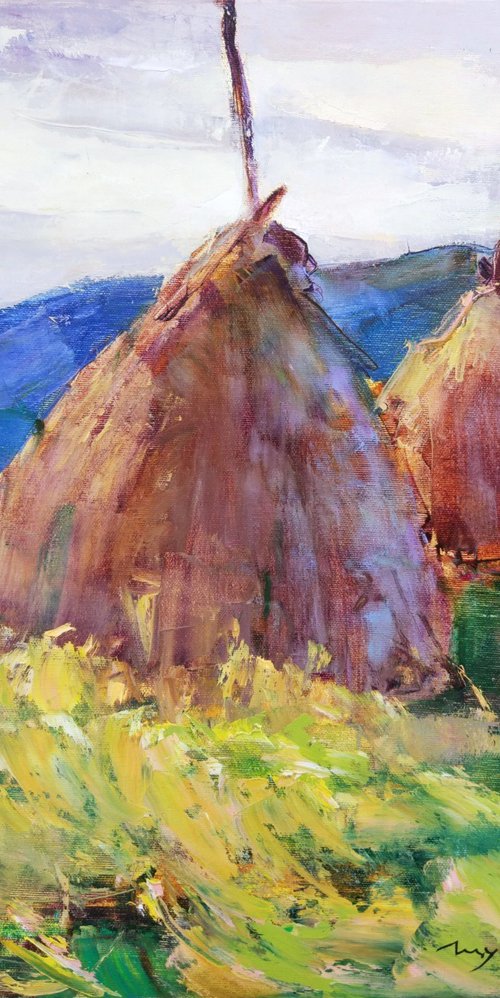 Autumn fields with haystacks by Helen Shukina