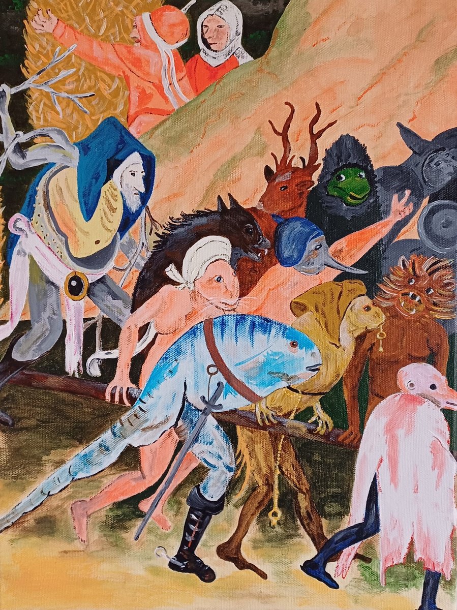 Naive Animal Acrylic Painting By Corinne Hamer, 12 X 16, The Path To Hell, Original Artwork