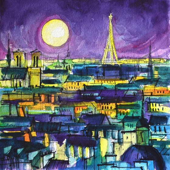 PARIS ROOFTOPS NIGHT VIEW watercolor painting Mona Edulesco