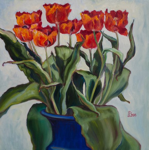 Tulips in a Blue Vase by Liudmila Pisliakova
