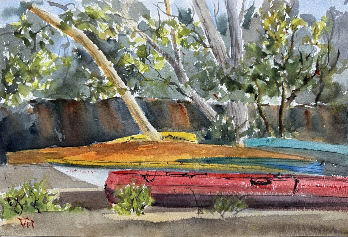 Impressionistic Landscape Watercolour By Shelly Du, 12 X 8", Sydney Harbour - Canoes At Bay, Original Artwork