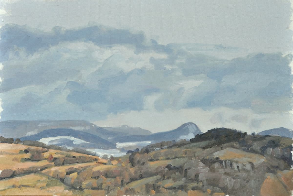 Photorealistic Landscape Oil Painting By Anne Baudequin, 30 X 20, January 30, Roches De Mariol, Grey Sky, Original Artwork