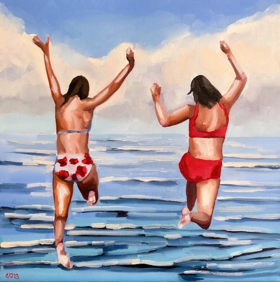 Jump into the sky - Swimmer Dive Woman Seascape Original Art