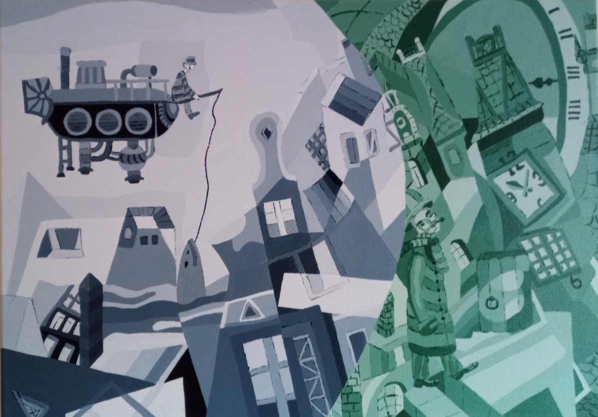 Abstract Cityscapes Acrylic Painting By Corinne Hamer, 23 X 17, Time To Fish, Original Artwork