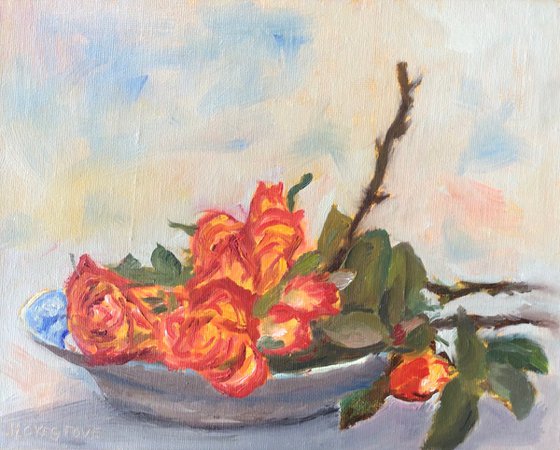 Orange roses in a bowl, An original still life oil painting