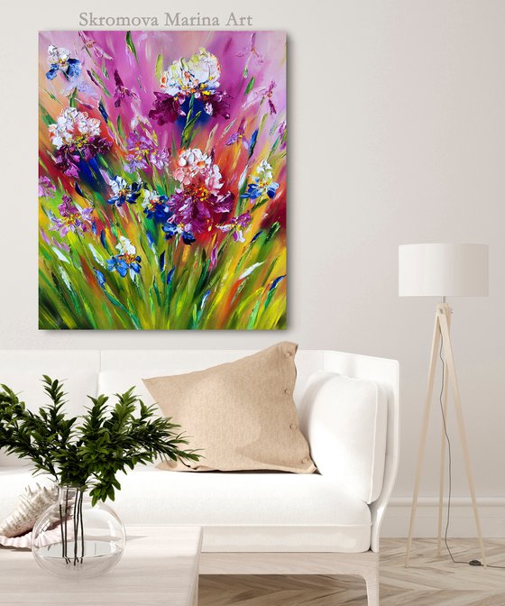 FIELDS OF BRIGHTNESS - Irises. Bright landscape. Rainbow flower. Juicy colors. Flower meadow. Summer warmth. Good mood. 3d.