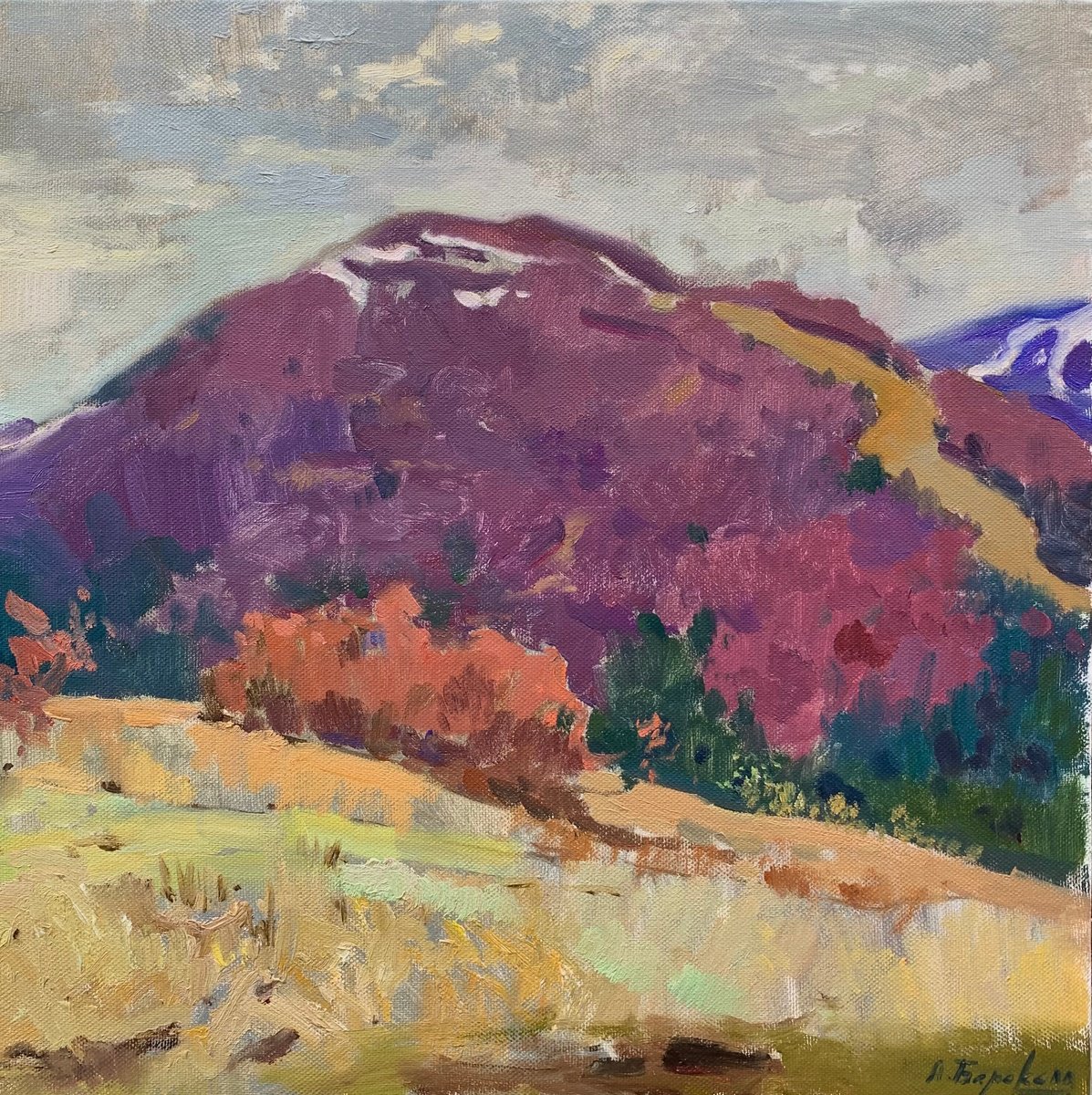 Impressionistic Landscape Oil Painting By Andriy Berekelia, 20 X 20, Purple Silence, Original Artwork