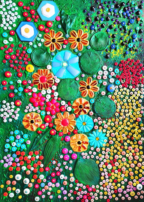 COLORFUL SUMMER GARDEN. Amber, turquoise, agate & mosaic botanical floral abstract flowers art