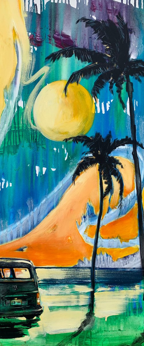 Bright sunset - "California sunset" - Pop Art - Palms - Old school car - Miami - Ocean - Seascape by Yaroslav Yasenev