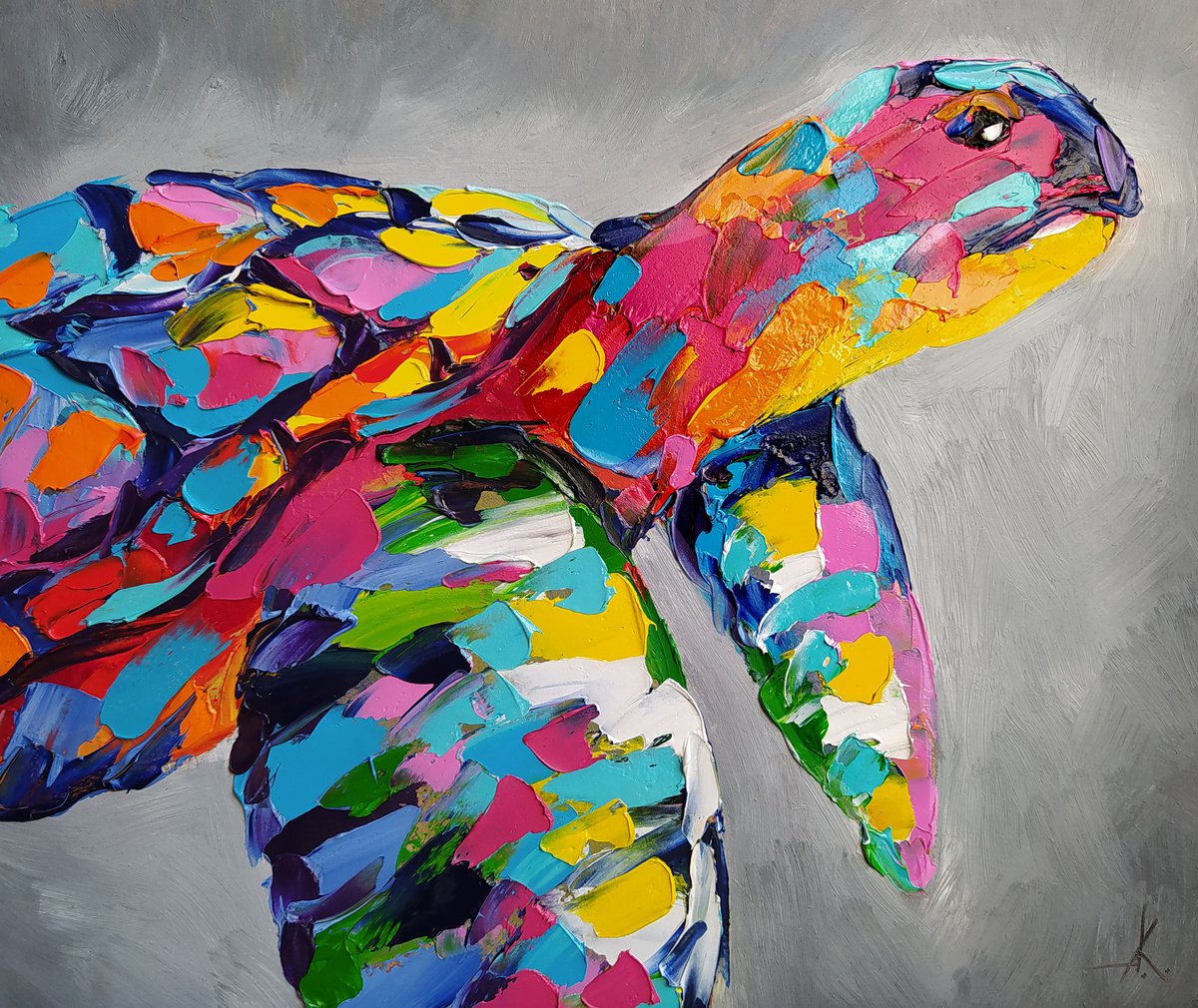 Sea dweller - turtle, sea, animals oil painting, turtle oil painting, gift for kids, for c... by Anastasia Kozorez