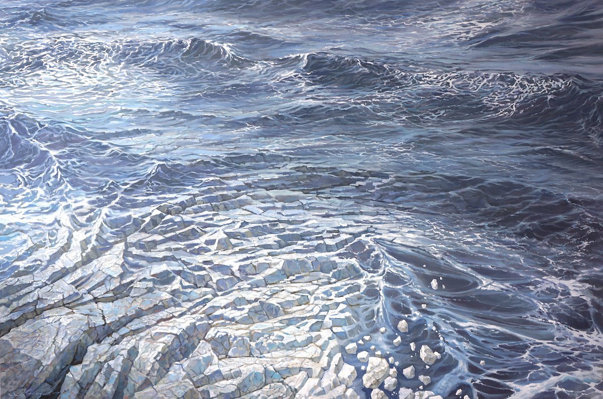 Surrealistic Landscape Oil Painting By Sergej Sologub, 71 X 47", Stone Waves., Original Artwork