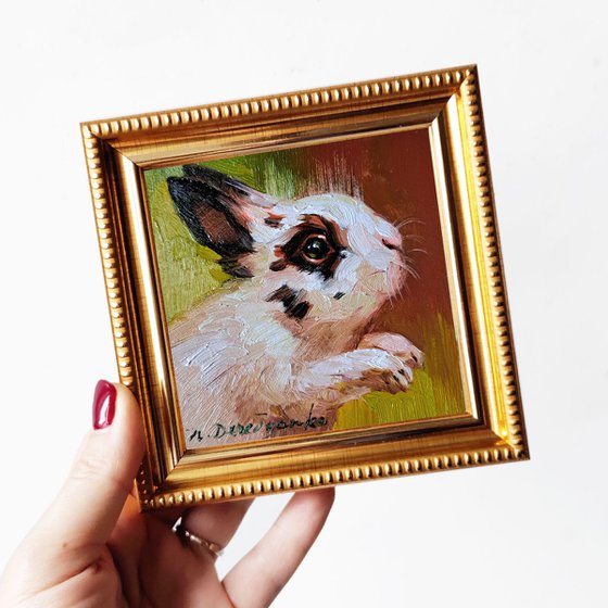 Bunny oil painting original framed 4x4, Small framed art white rabbit artwork yellow background