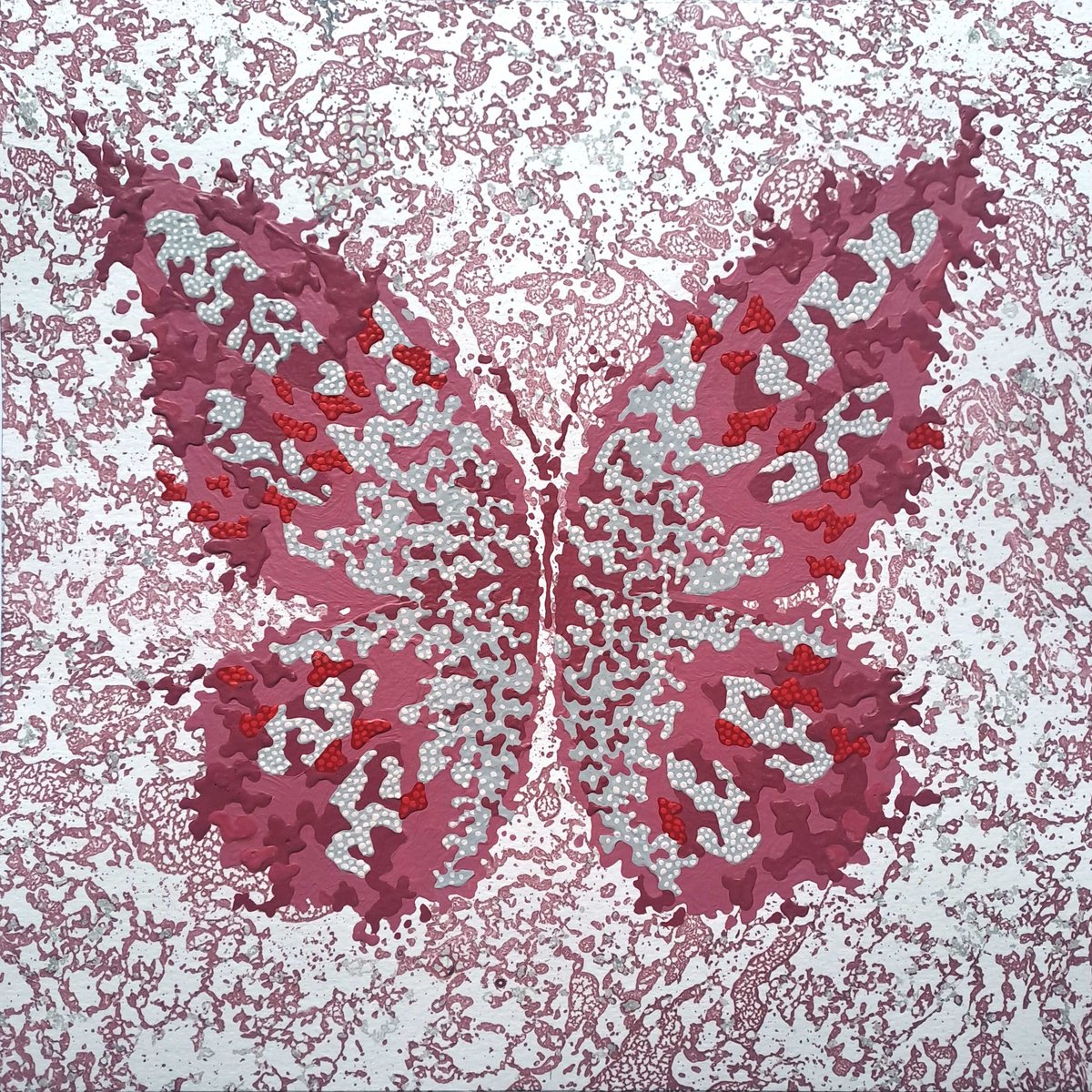 Abstract Animal Acrylic Painting By Mariia Raskin, 10 X 10", Butterfly «Burgundy Simphony», Original Artwork