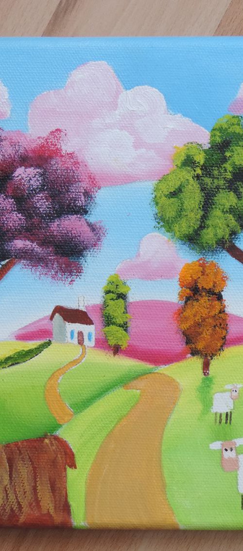 Highland cow and sheep 8" x 8" by Gordon Bruce
