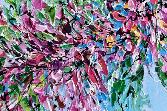 Cherry Blossom - Abstract Floral Painting on Canvas, Heavy Textured Palette Knife Art